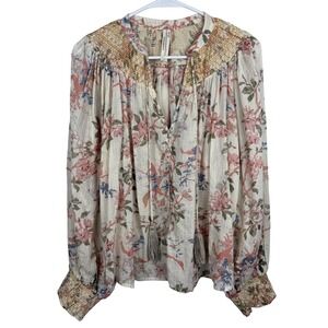 Anthropologie Floral Smocked Peasant Blouse Med Boho Metallic Button Front Top